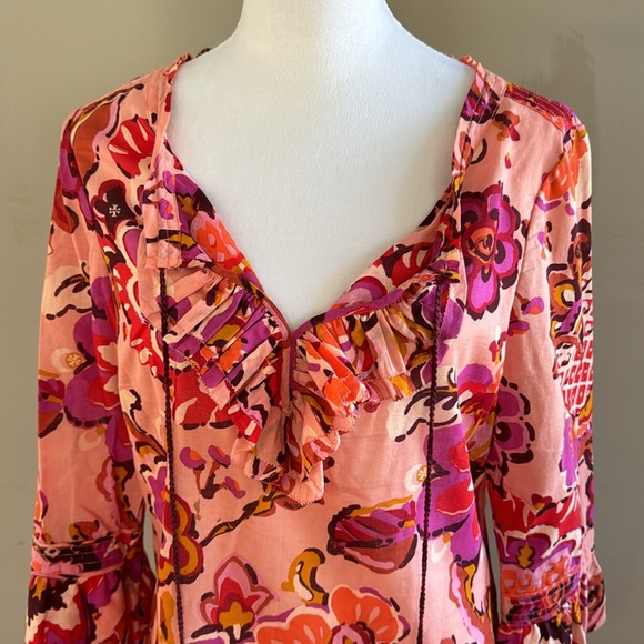 Tory Burch Gwenna Orange Pink 3/4 Sleeve Tassel Tie Floral Blouse Top Size 10 - Picture 3 of 11